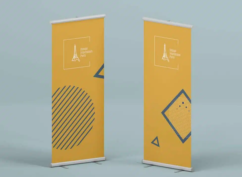 Impression sur kakémono avec un design minimaliste et géométrique, fond jaune avec des motifs de la tour Eiffel et des formes abstraites.