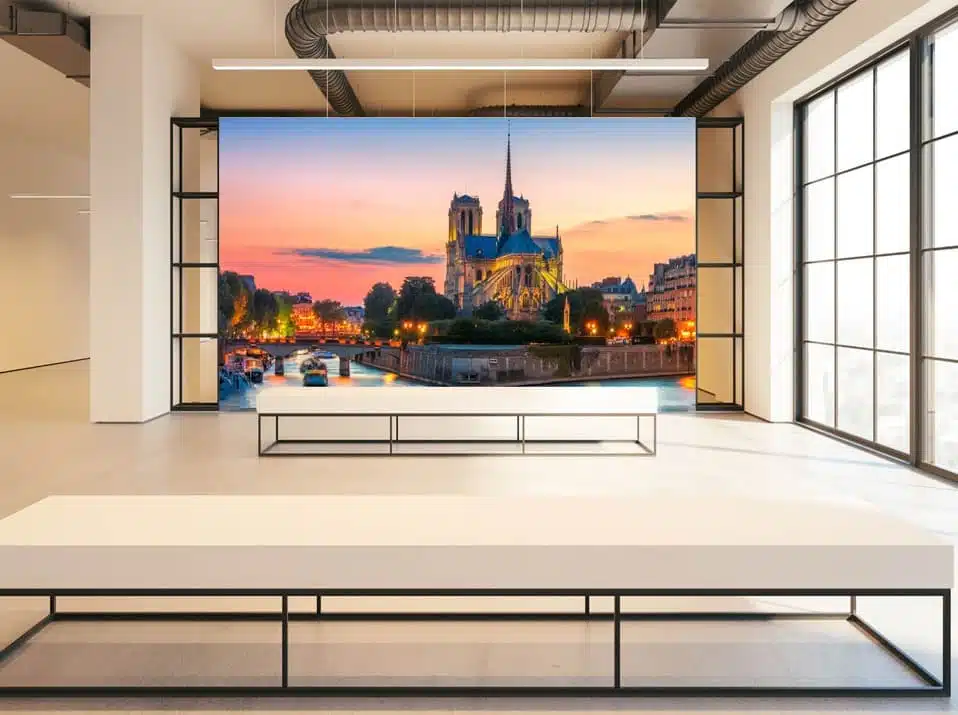 Impression sur tissu grand format représentant une vue de Notre-Dame de Paris au coucher du soleil, exposée dans un espace moderne.