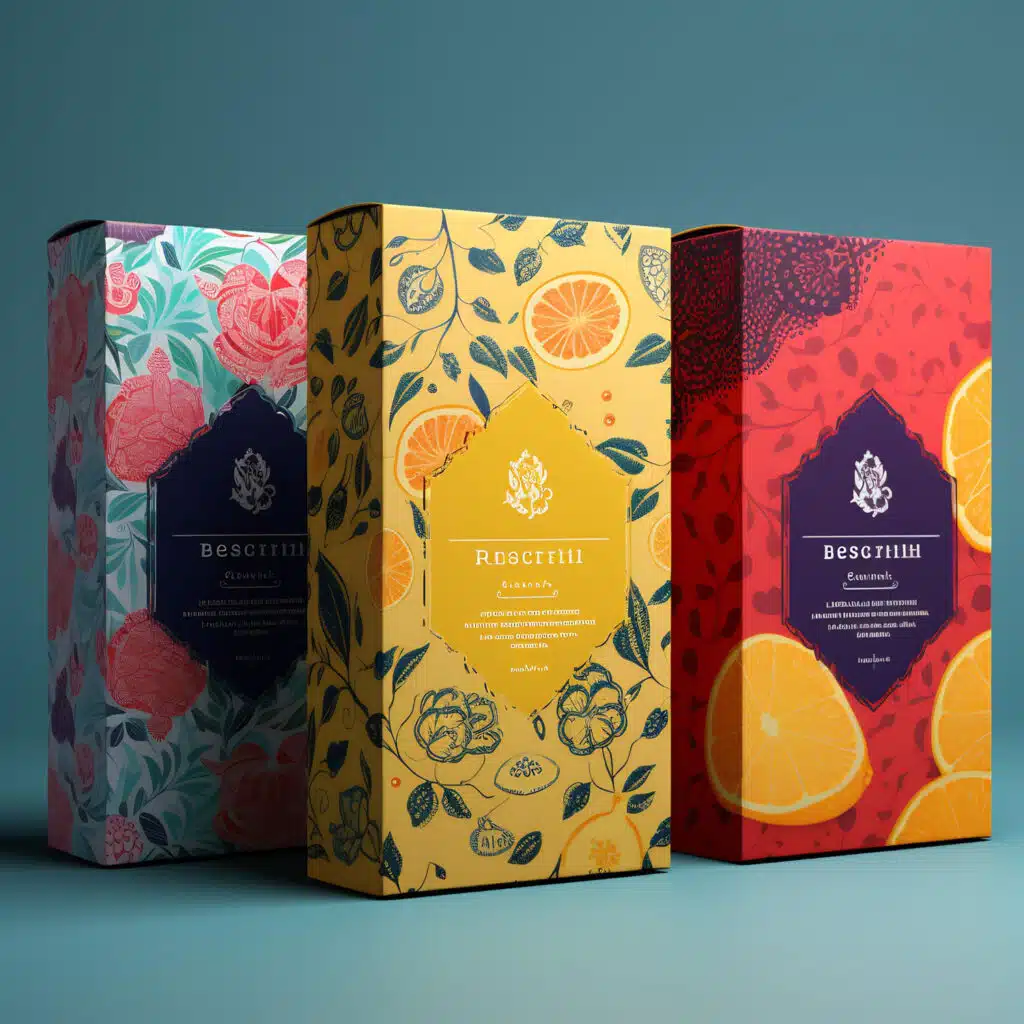 Trois emballages de produits alignés verticalement, chacun avec des motifs colorés et distincts représentant des éléments naturels comme des fleurs et des fruits.