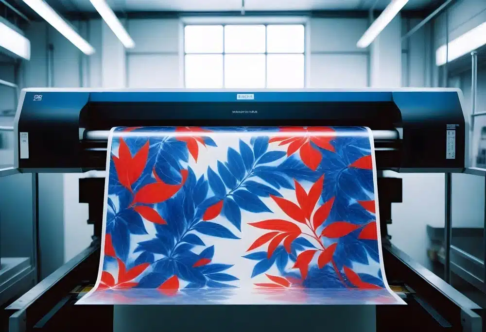 Impression sur tissu grand format avec un motif de feuilles rouges et bleues sortant d'une imprimante dans un atelier.