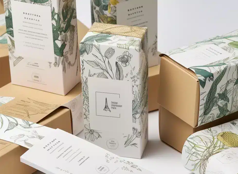 Packaging éco-responsable par Design Impression Paris avec des motifs floraux